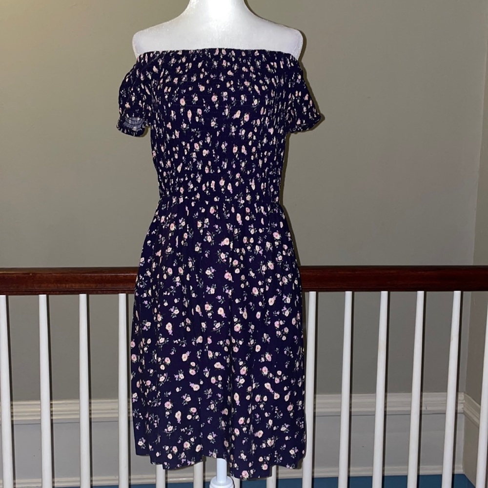 Juniors Floral Purple Smocked Off Shoulder Babydoll Peasant Sundress Medium